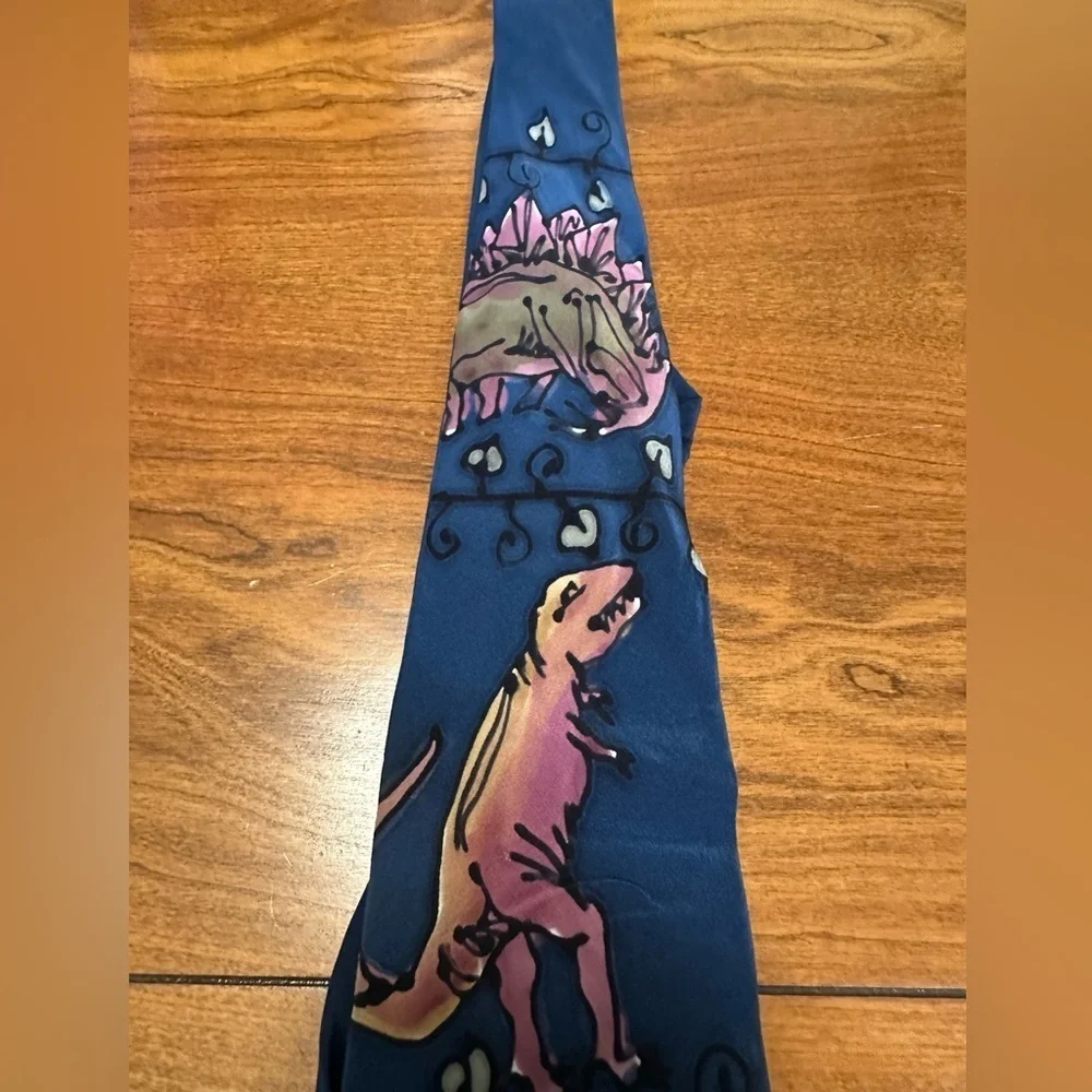 Vintage Robert Daskal Handpainted Silk Tie – Blue w/ Dinosaurs